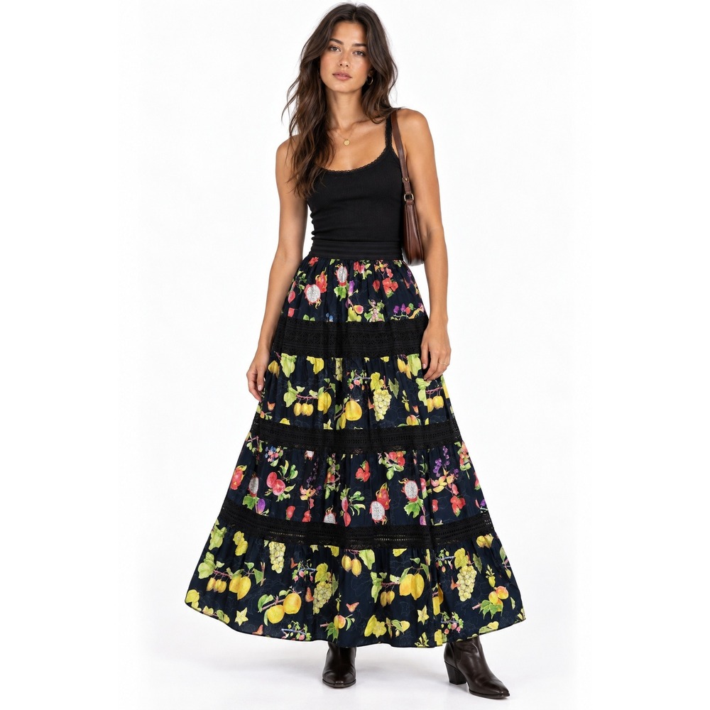 Cecilia Prado Anthropologie Maxi Skirt sz Small Tropical Fruit Tiered Dopamine